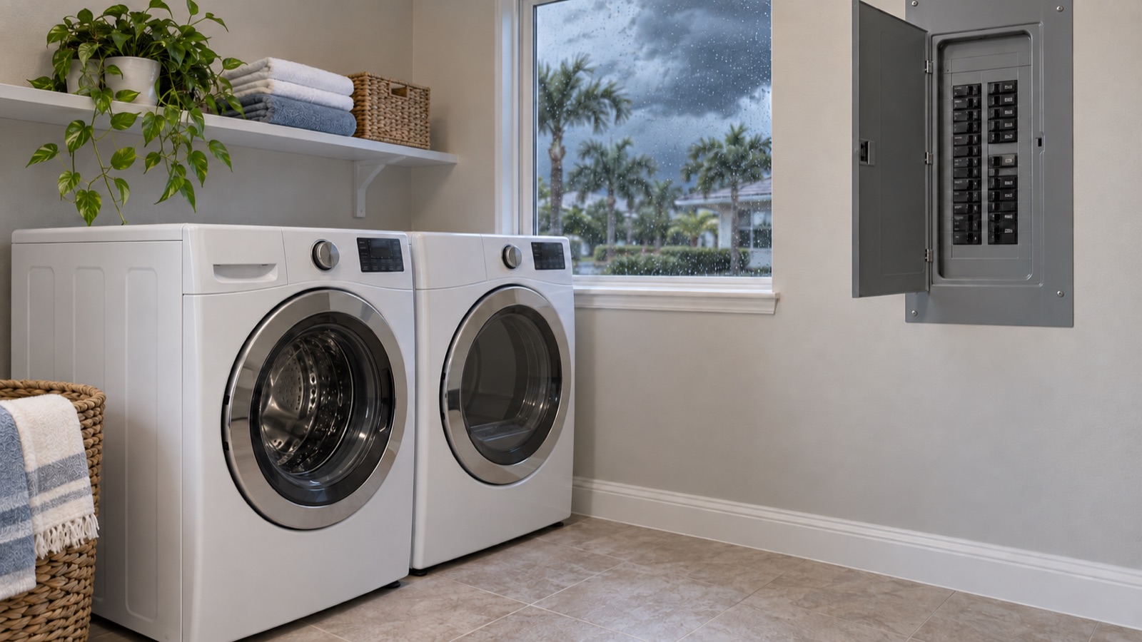 Closed washer and dryer beside an intact breaker panel with one breaker visibly tripped after a Florida thunderstorm
