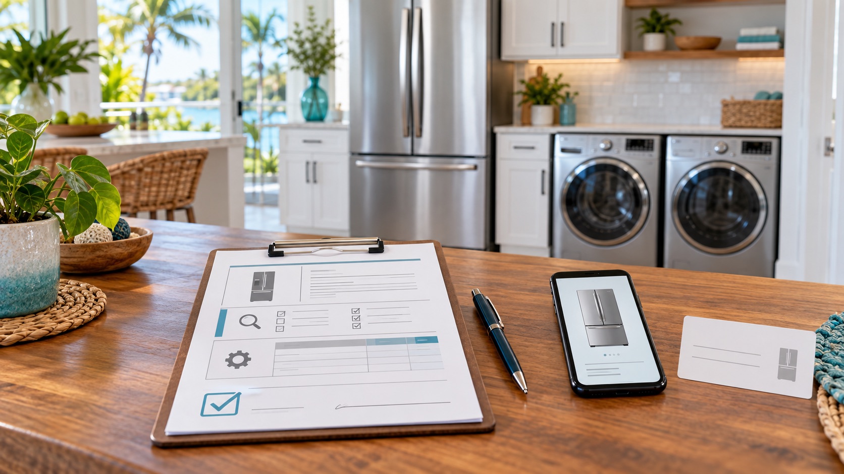 Generic appliance estimate worksheet with diagnosis and approval steps in a bright Southwest Florida kitchen