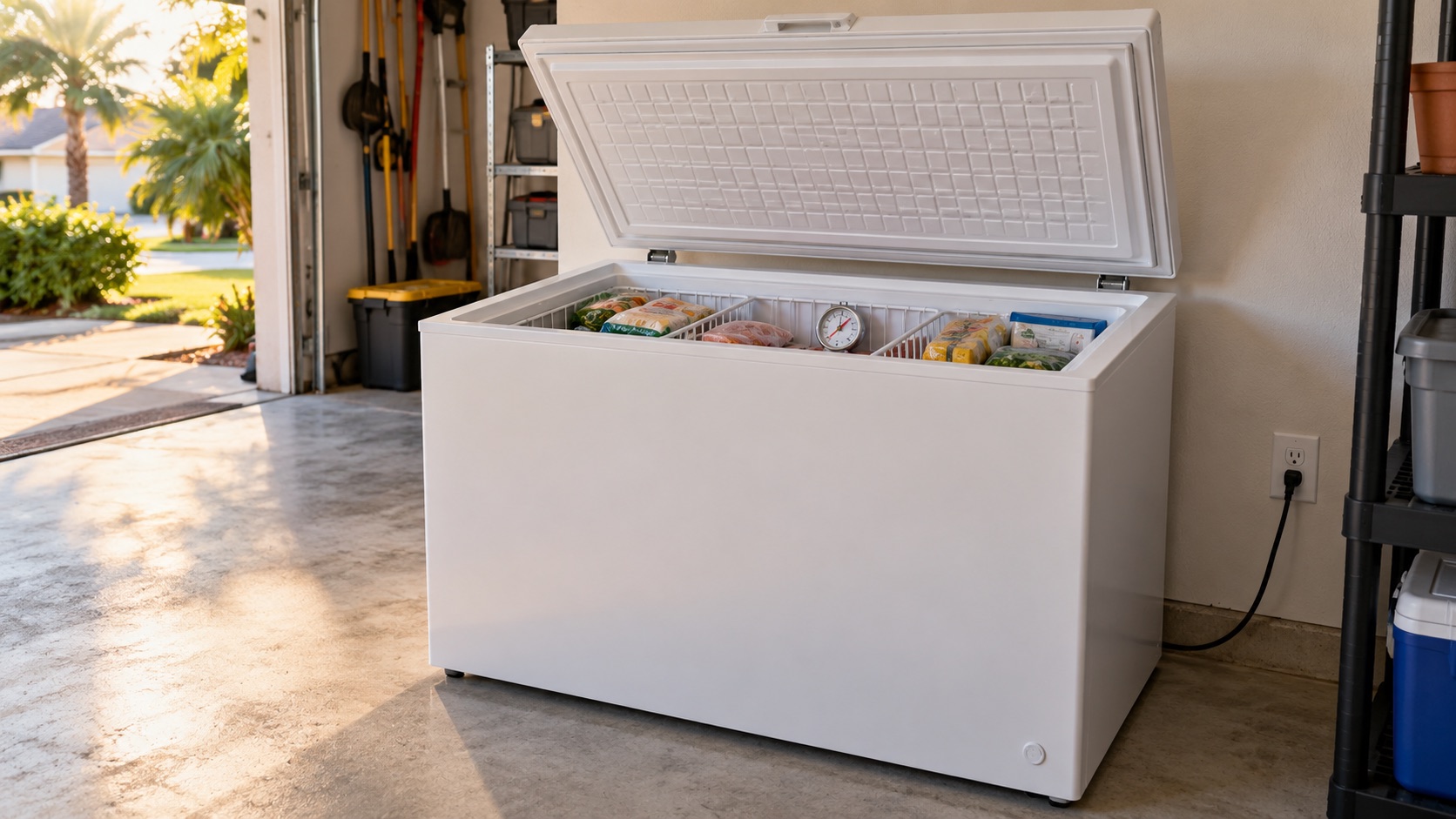 Generated illustration of an open chest freezer with an appliance thermometer in a warm Florida garage