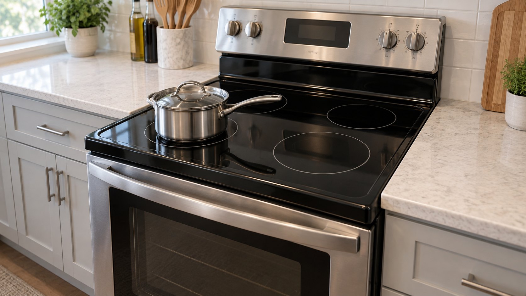 Stainless-steel electric range with a dark glass cooktop, four cooking zones and a covered saucepan