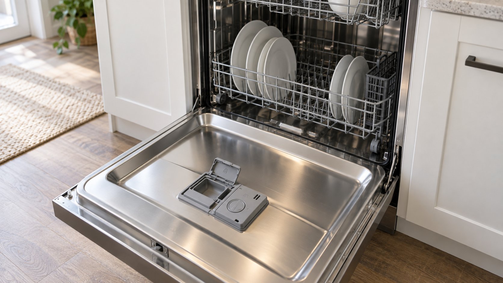 Open stainless steel dishwasher door with an empty detergent cup and spaced plates in the lower rack