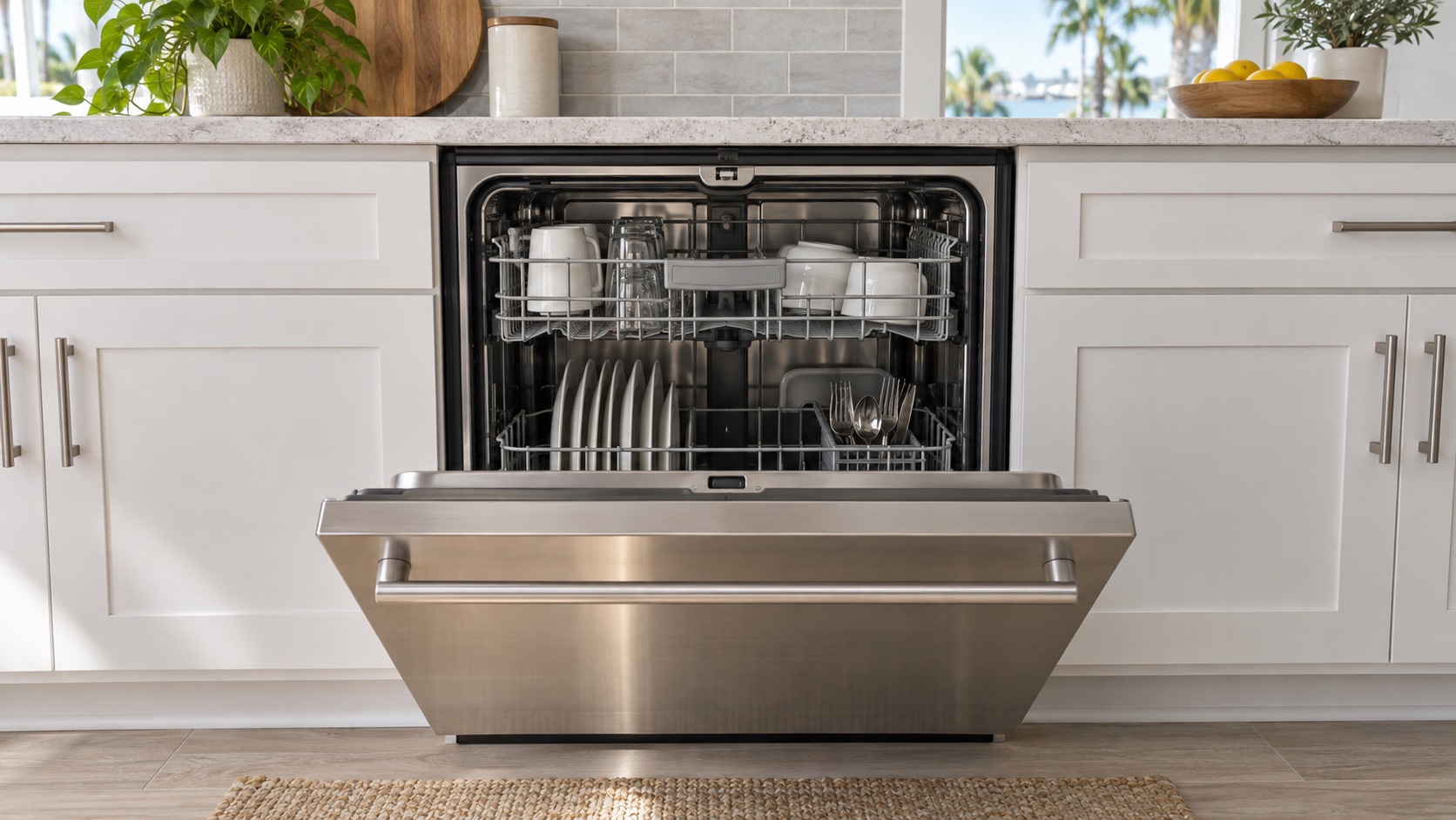 Partly open built-in dishwasher with seated racks and visible top-center latch area in a Southwest Florida kitchen