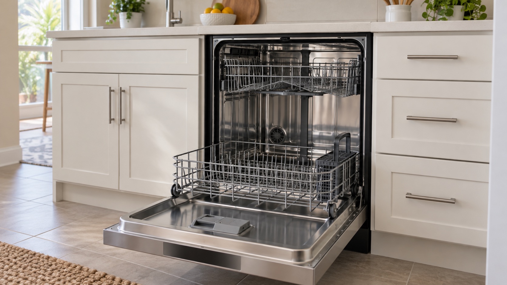 Open built-in dishwasher with an empty lower rack and no visible pooled water