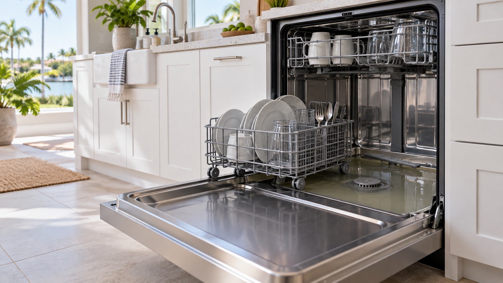 Open dishwasher with shallow standing water around the intact filter area in a bright Southwest Florida kitchen