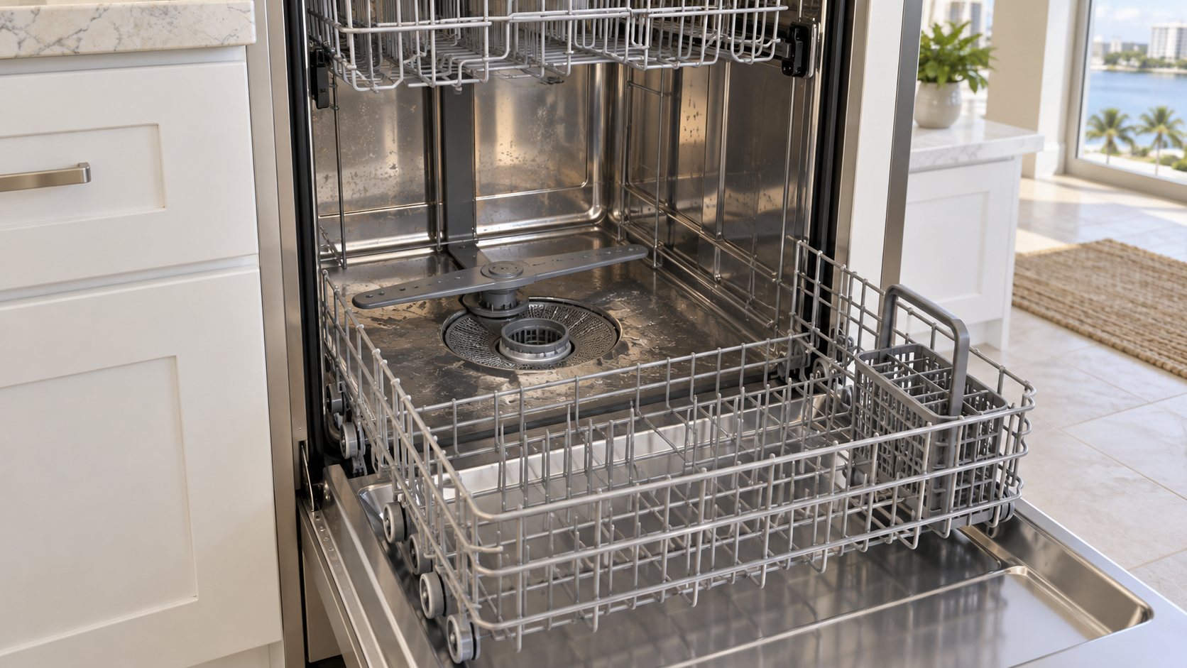 Generated illustration of an open dishwasher in a seasonal condo kitchen with the intact filter area visible