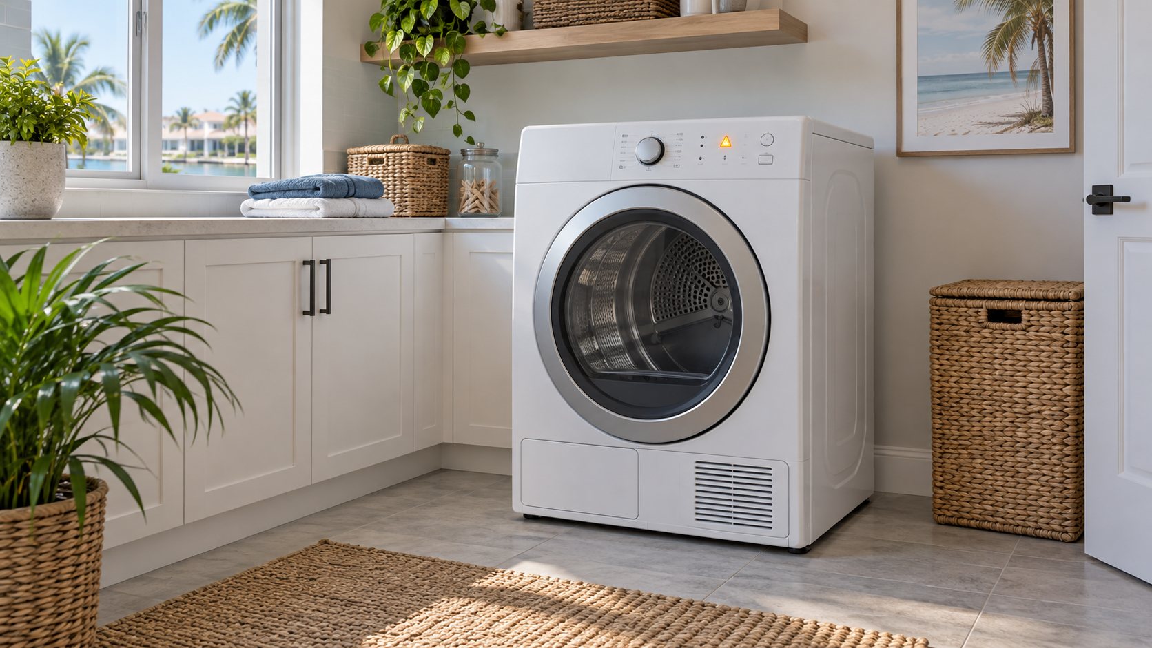 Closed white dryer powered off in a bright Southwest Florida laundry room with a small amber warning indicator