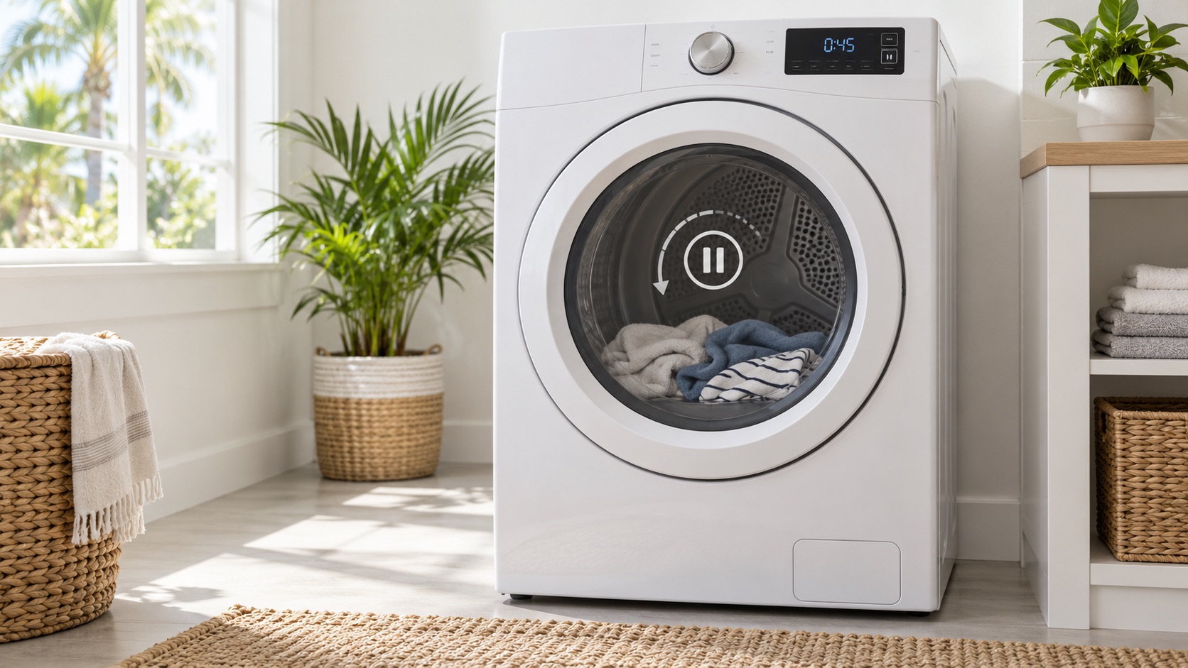 Closed white dryer with a paused drum indicator and clothing resting at the bottom of the stationary drum