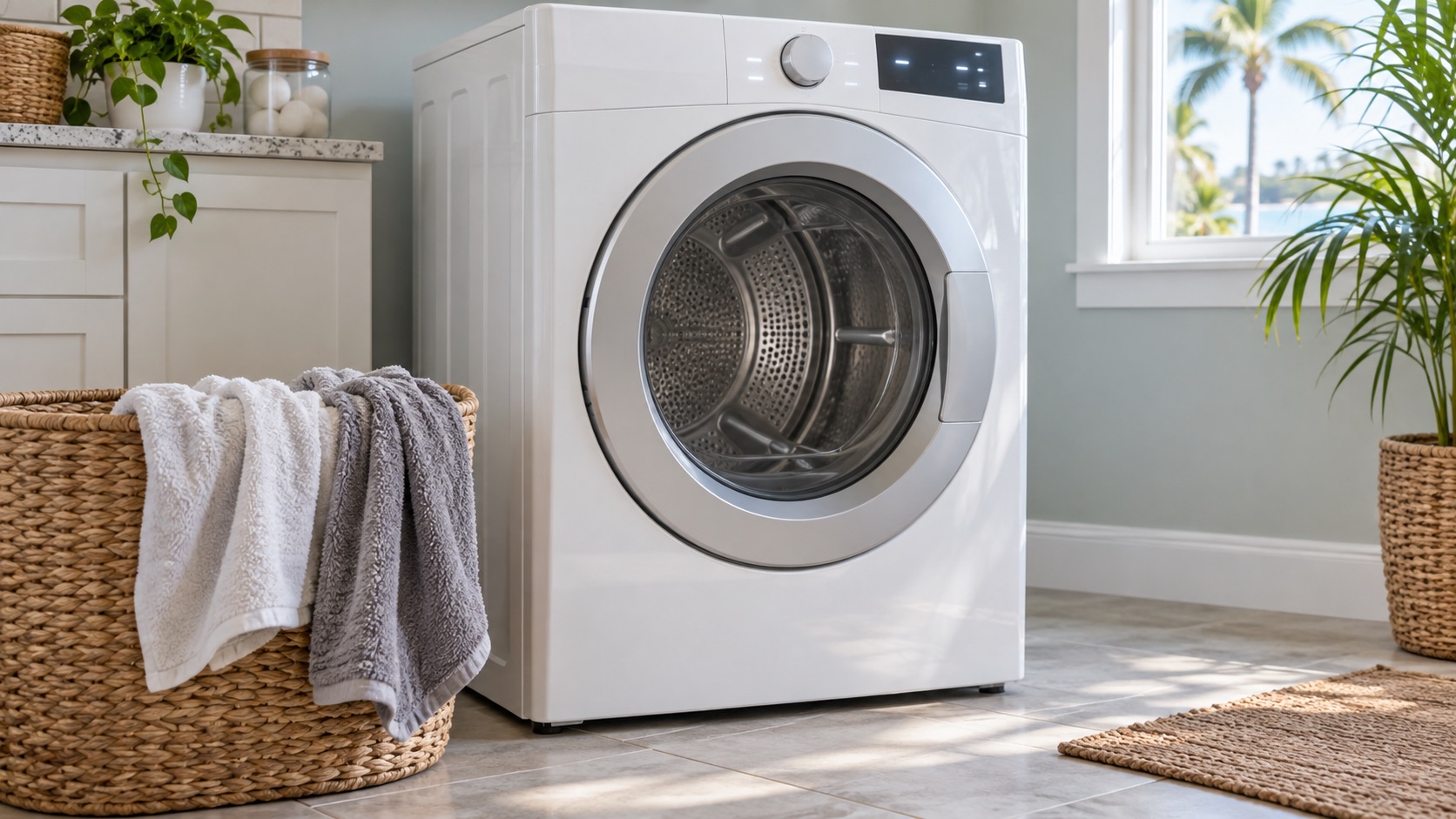 White front-load dryer beside a basket of damp towels in a bright laundry room