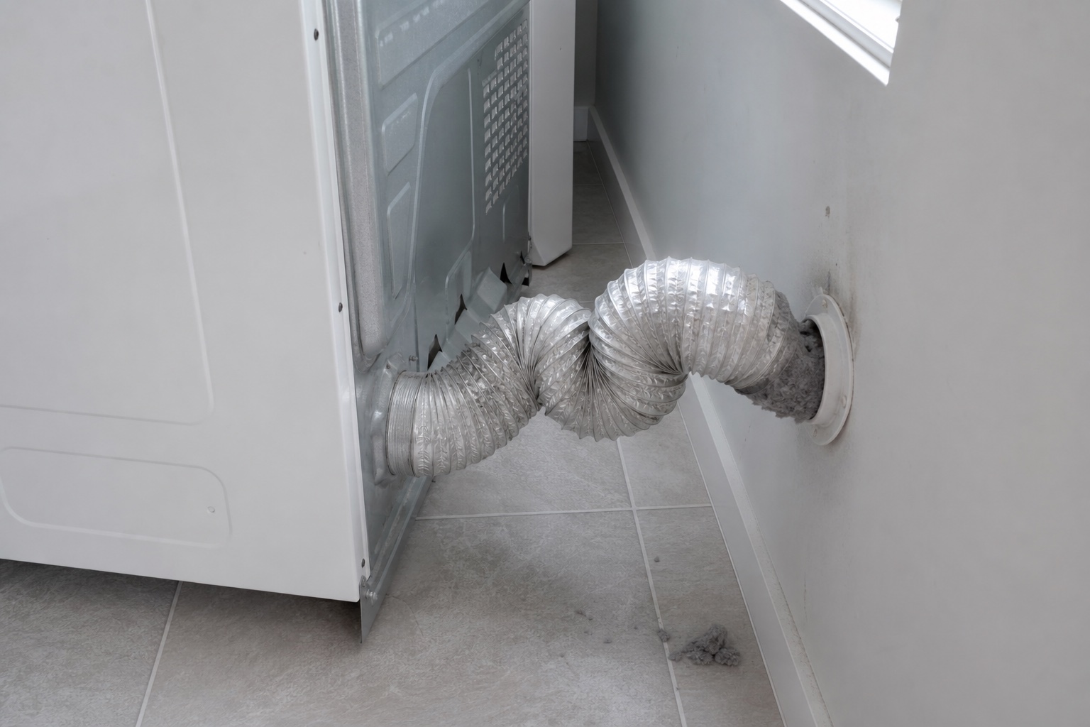 Crushed dryer exhaust hose with lint restriction behind the appliance