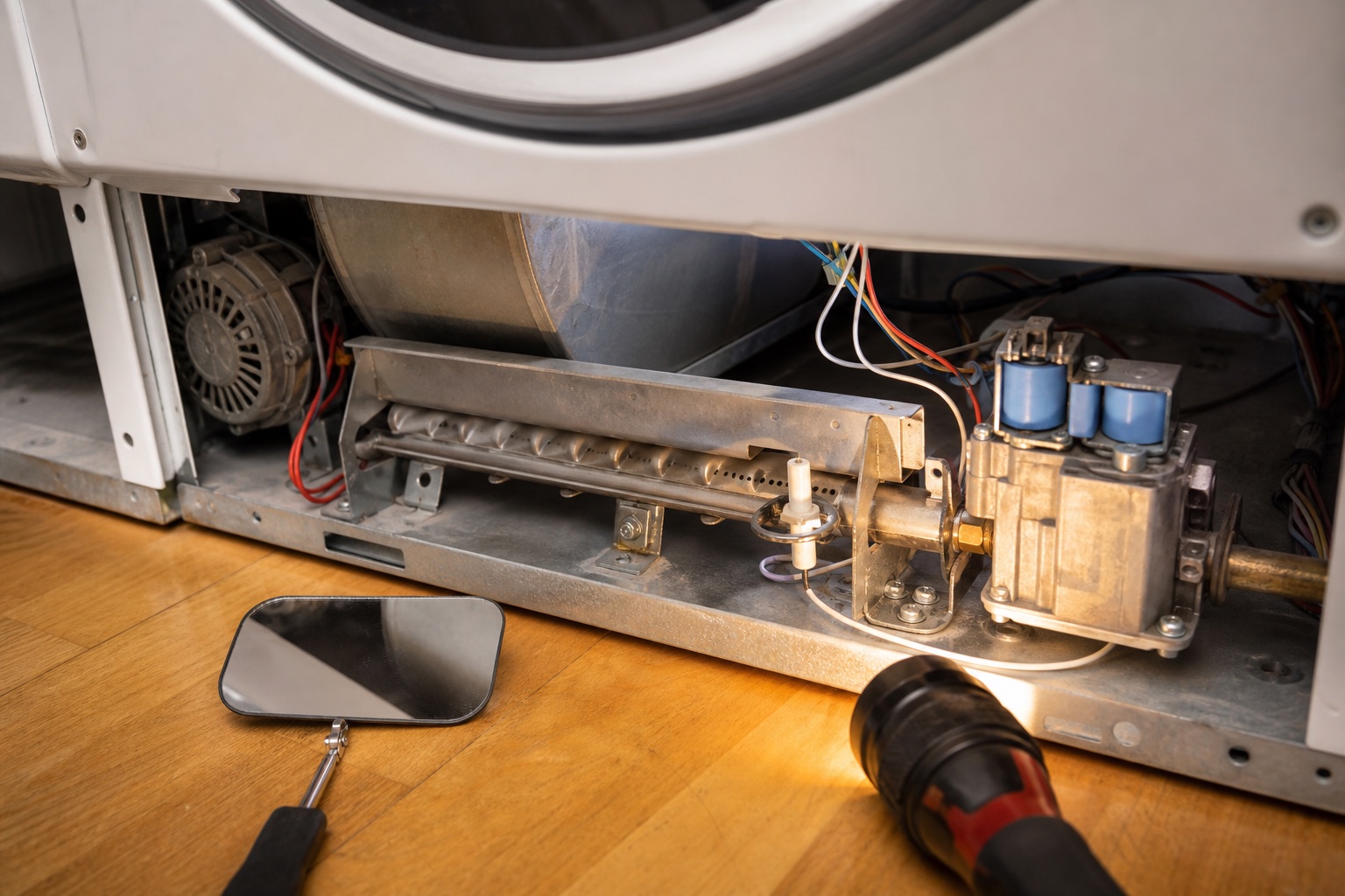 Gas dryer burner and igniter assembly during no-heat diagnosis