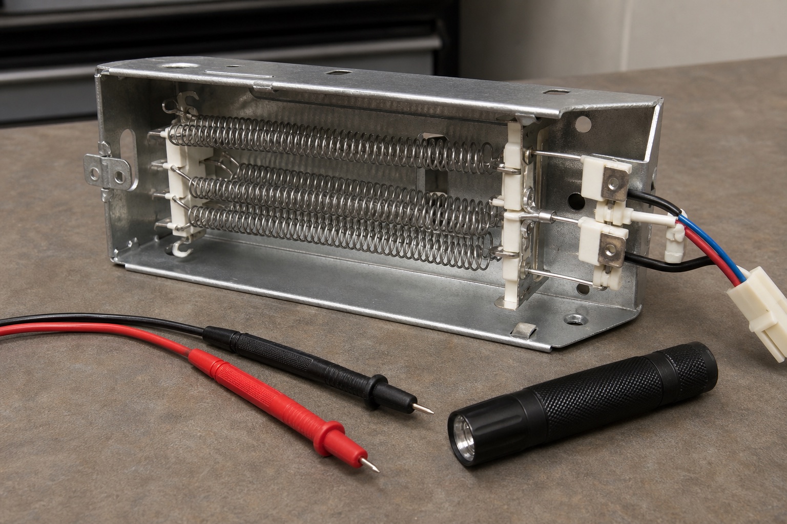 Electric dryer heating element coil assembly during no-heat diagnosis