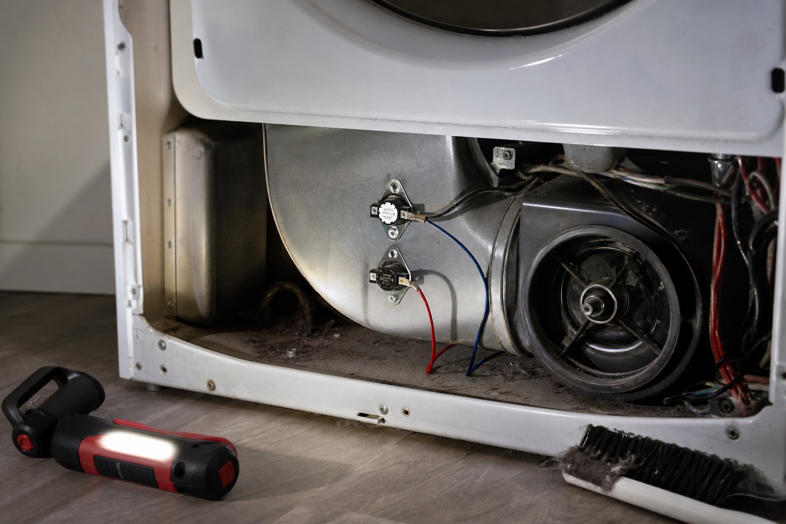 Dryer thermal fuse and thermostat area on the blower housing