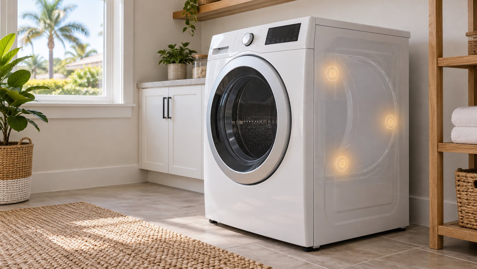 Closed white dryer with a conceptual overlay marking three possible sound areas
