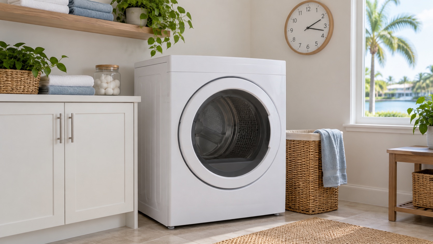 Closed white front-load dryer beside a wall clock in a bright Southwest Florida laundry room