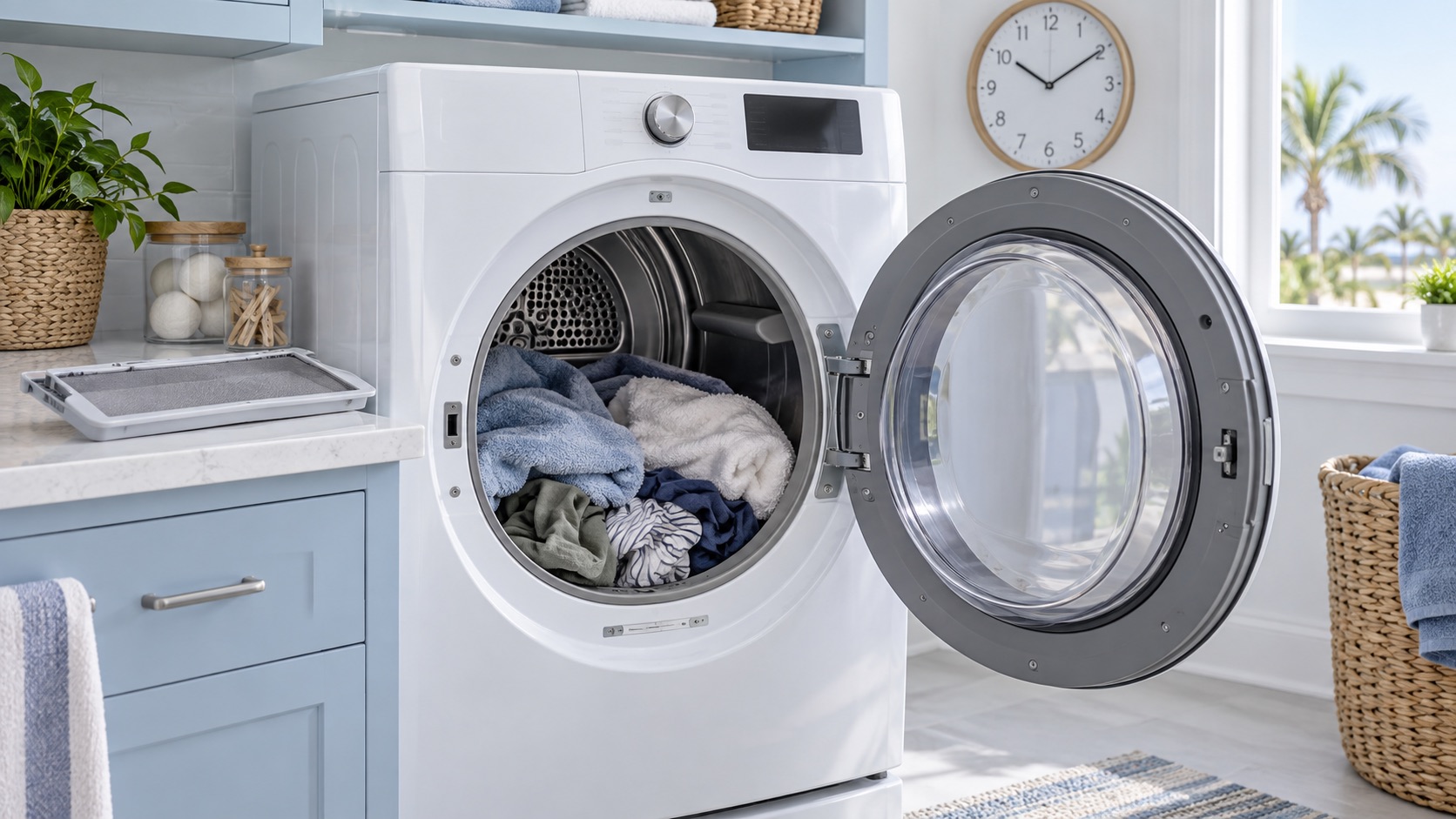 Open front-load dryer with a normal load of damp laundry, clean lint screen and wall clock in a bright Southwest Florida laundry room