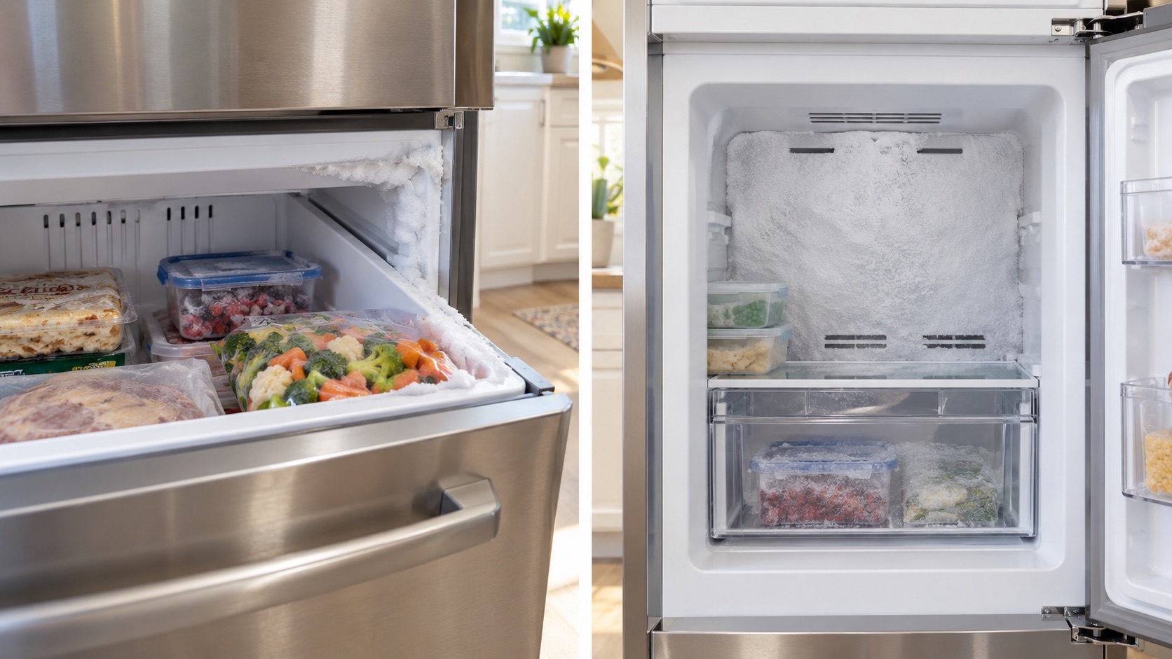 Generated comparison of localized freezer door-edge frost and dense frost across a freezer rear panel