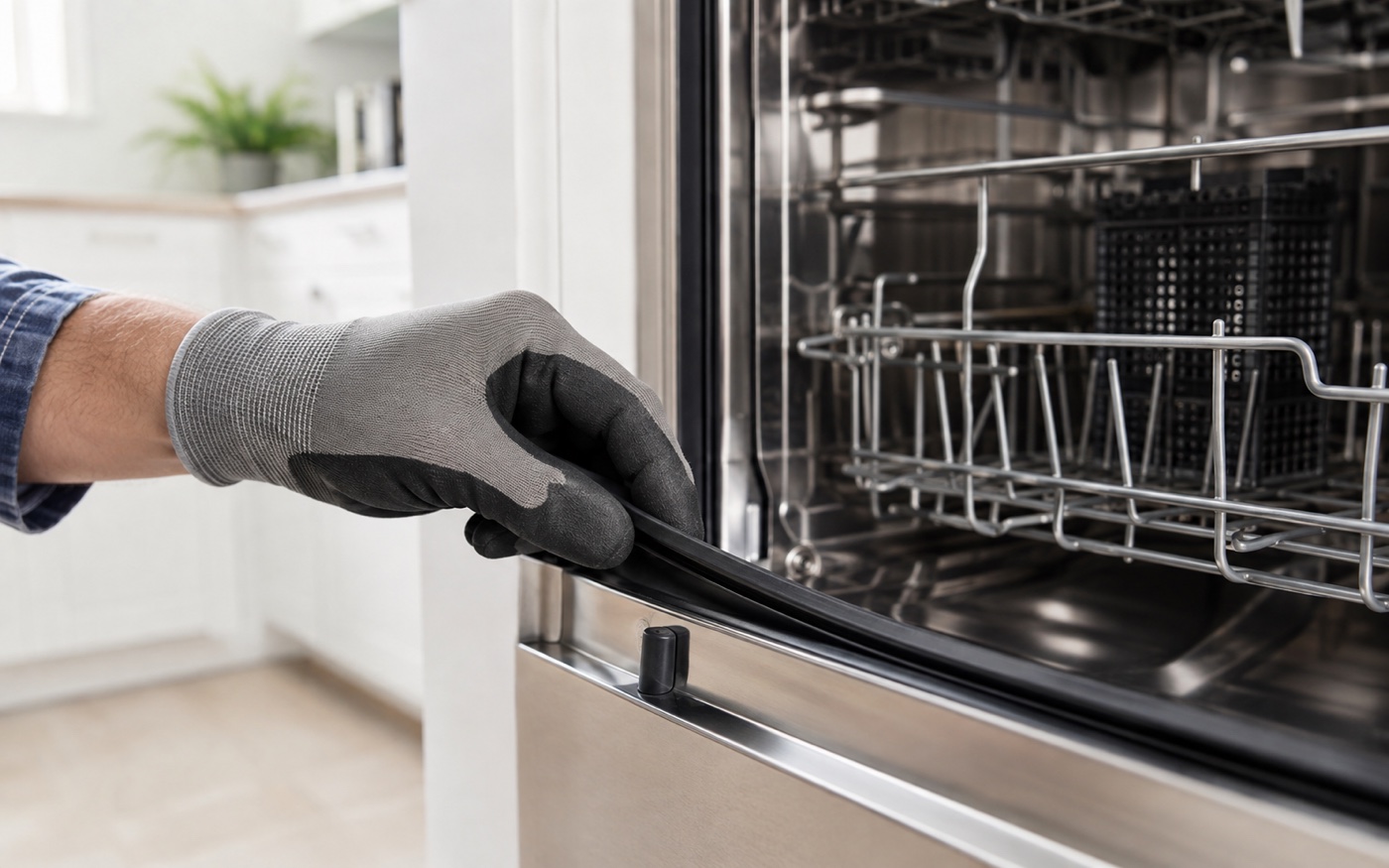 Illustrative close-up of a dishwasher door gasket being visually inspected