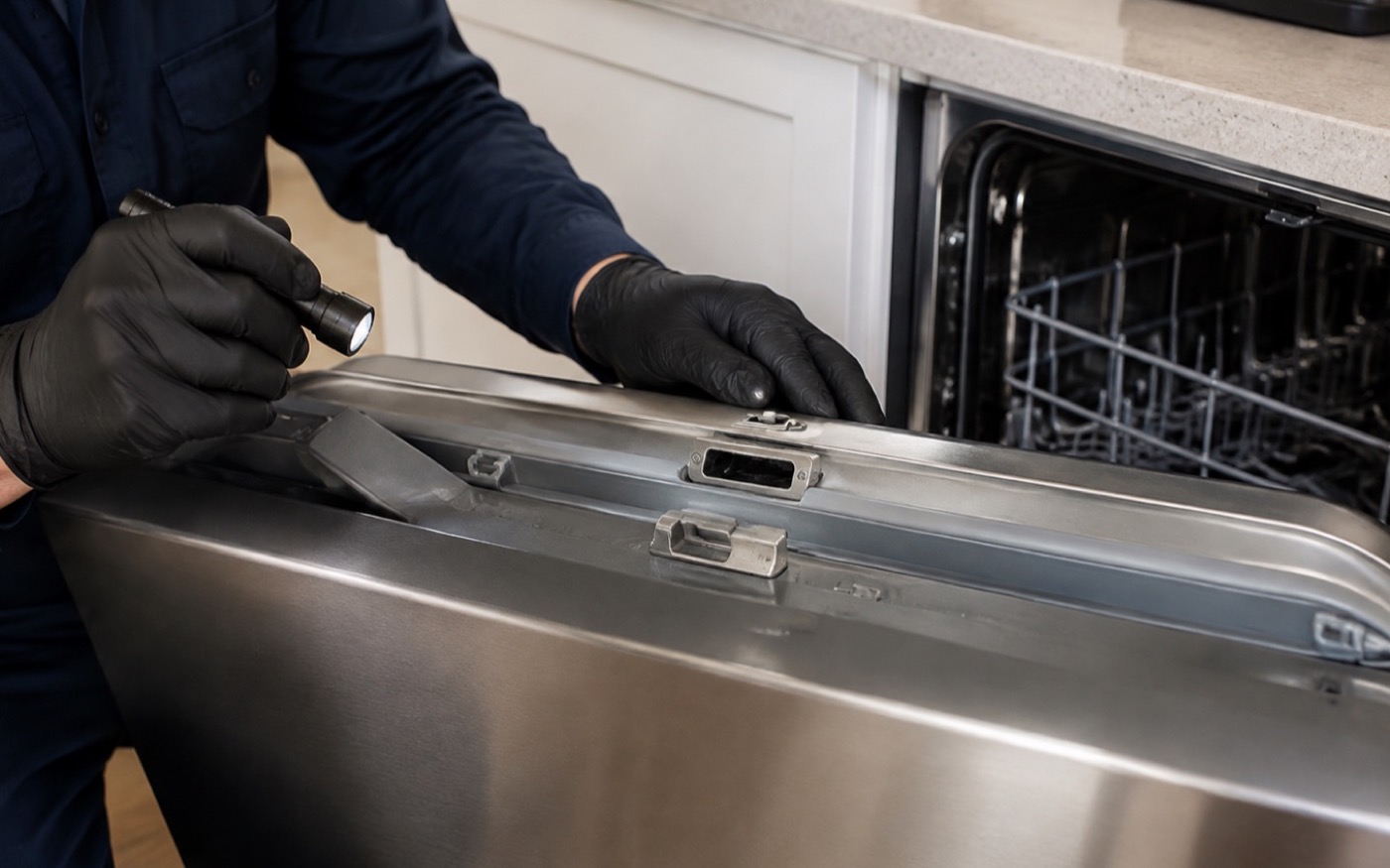 Dishwasher door latch and strike alignment inspected with a flashlight