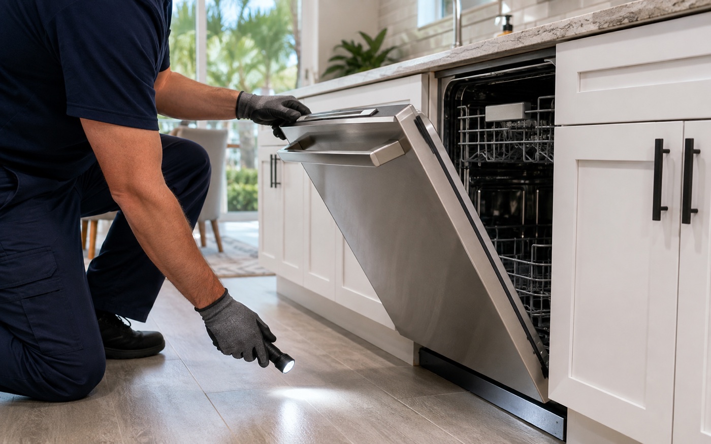 Illustrative view of a technician inspecting the lower front of a built-in dishwasher