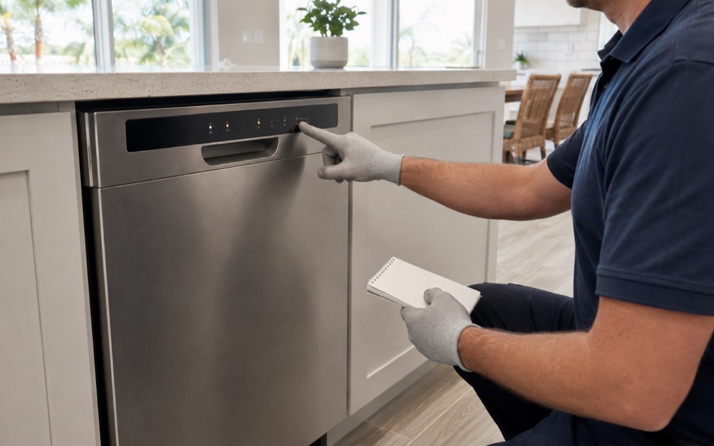 Technician checking an illuminated dishwasher control panel when the cycle will not start