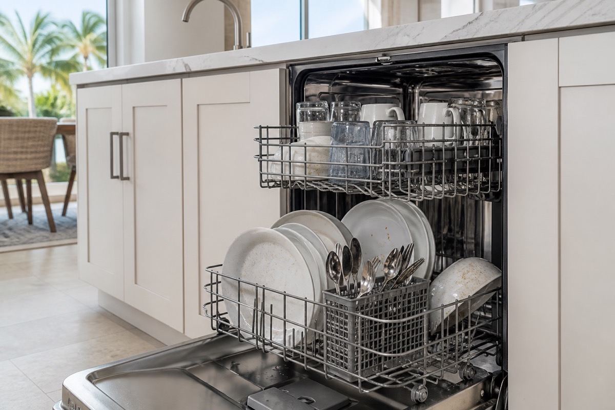 Open dishwasher with dishes still dirty after a completed wash cycle