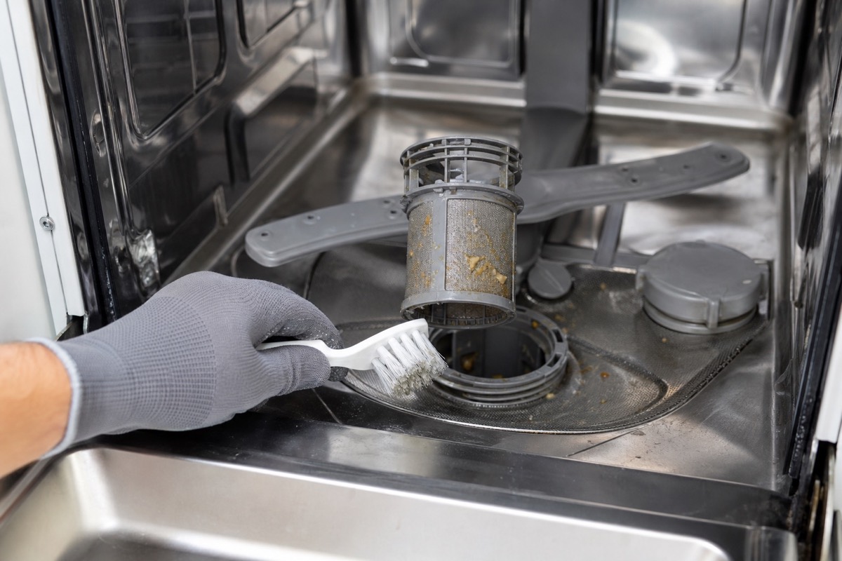 Dishwasher filter lifted out with food debris and a soft cleaning brush nearby