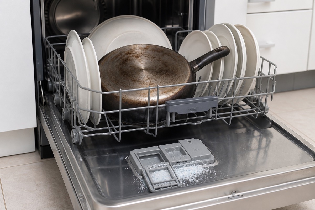 Dishwasher rack loaded with a pan blocking wash action and detergent residue on the door
