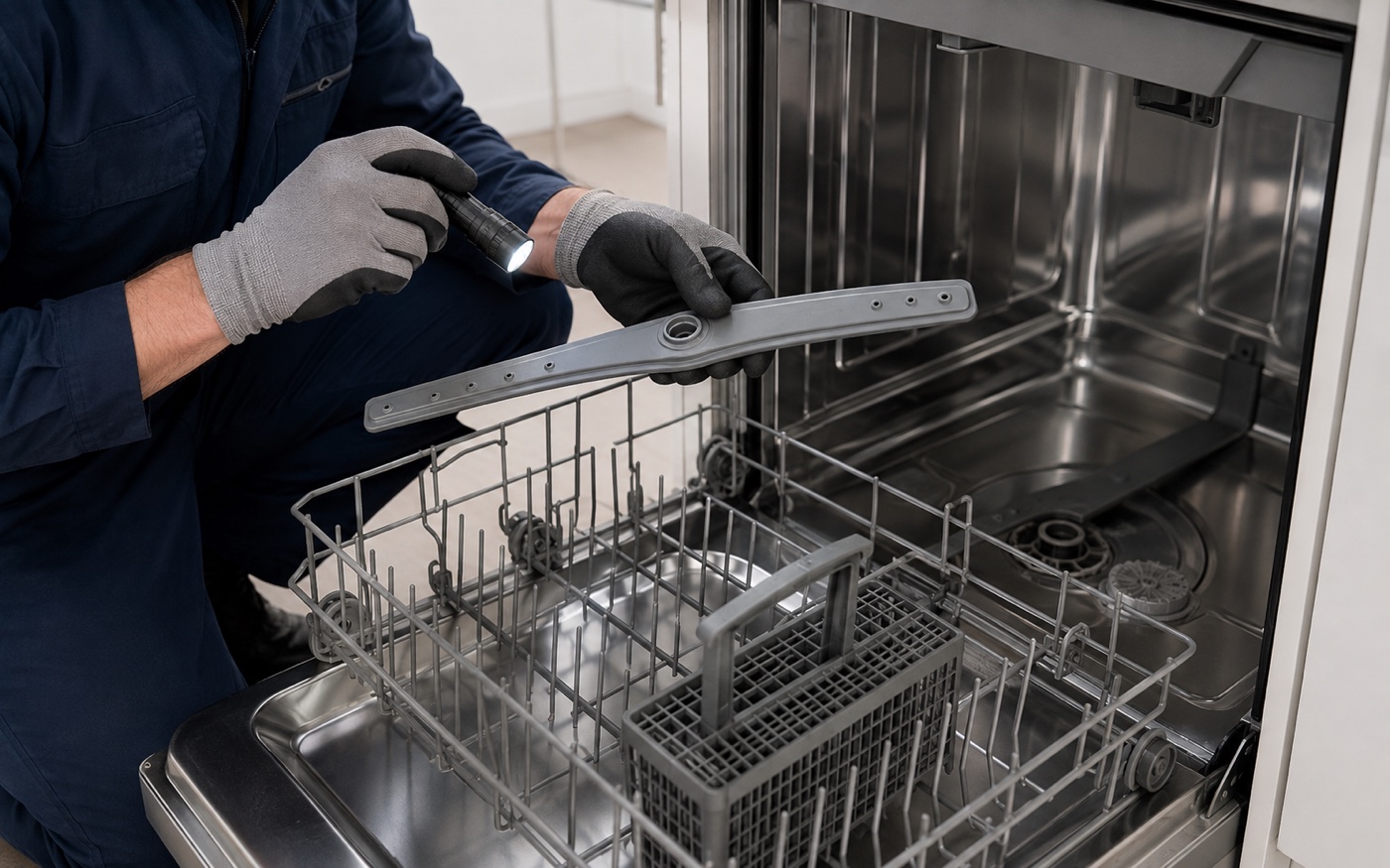 Illustrative view of a lower dishwasher spray arm being checked for cracks and blocked openings