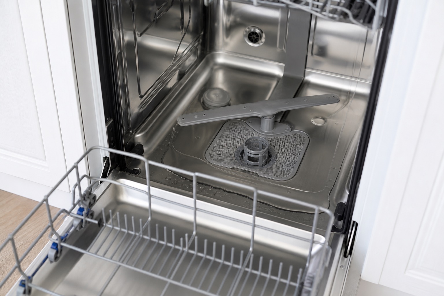 Open dishwasher with standing water around the bottom filter area