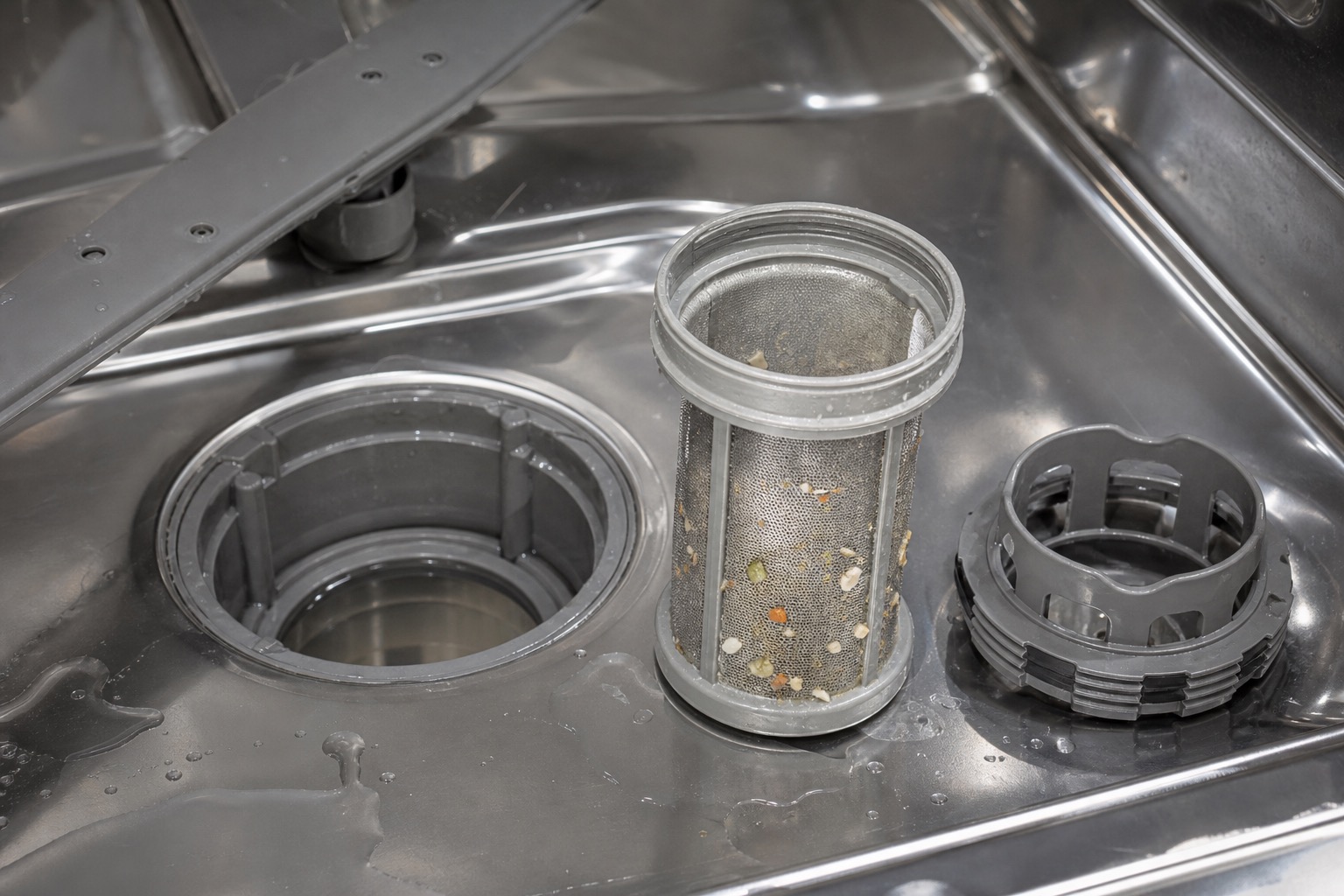 Dishwasher filter screen with light food debris after removal