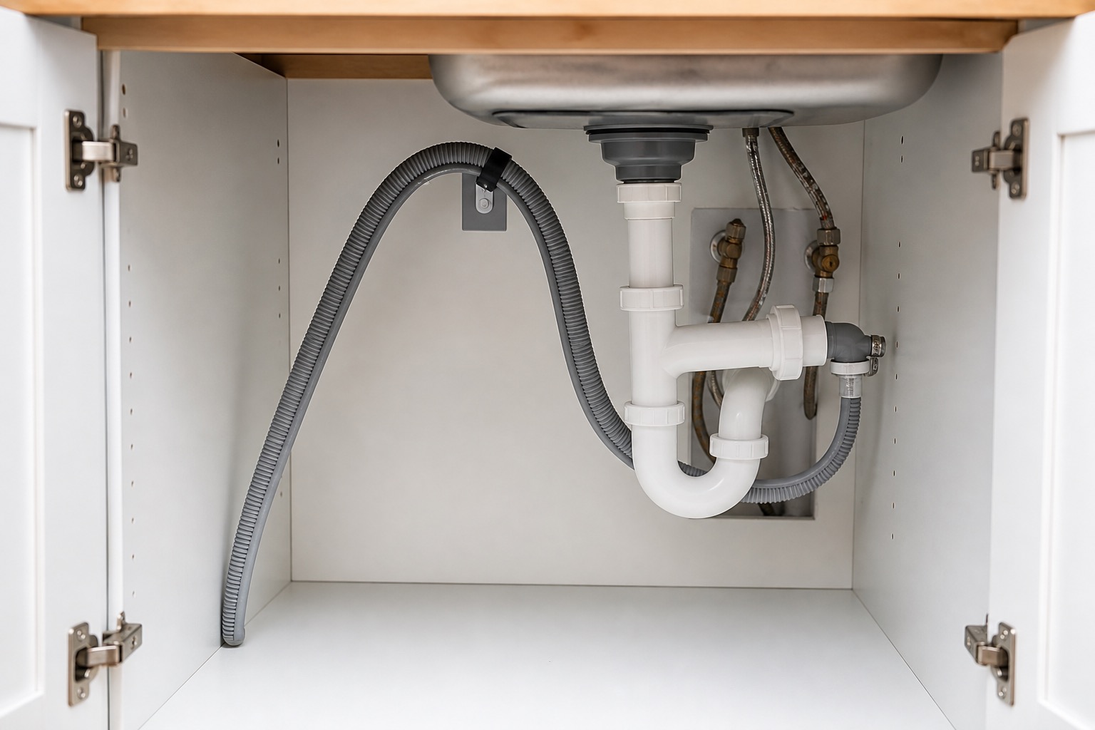 Dishwasher drain hose routed in a high loop under a kitchen sink