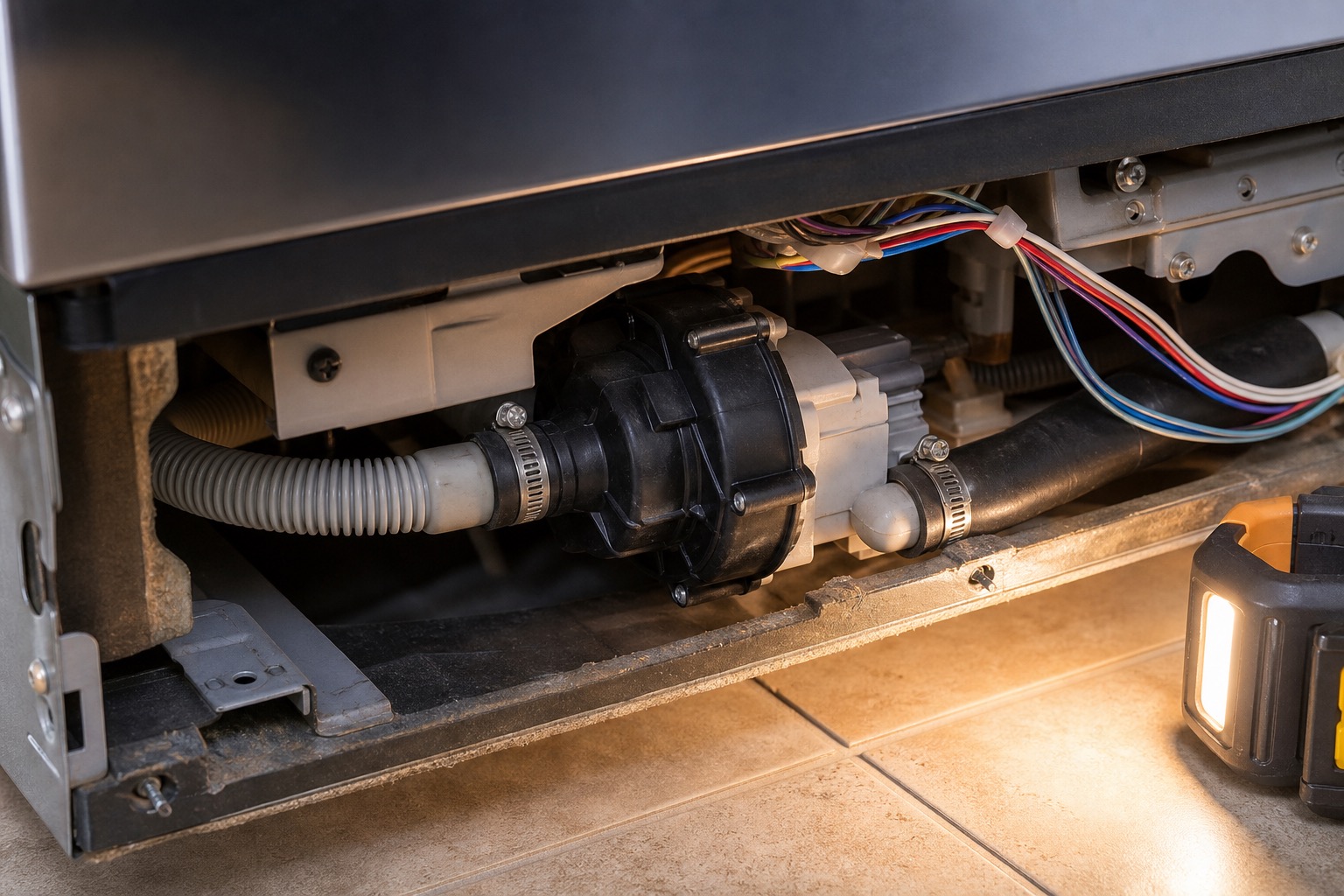 Dishwasher drain pump visible behind the lower toe kick