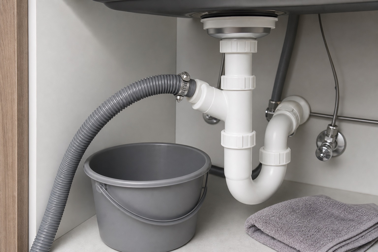 Dishwasher drain hose connected to the sink drain branch under a cabinet