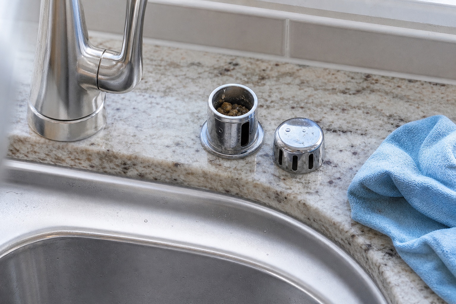 Dishwasher air gap cap removed with debris visible near the sink
