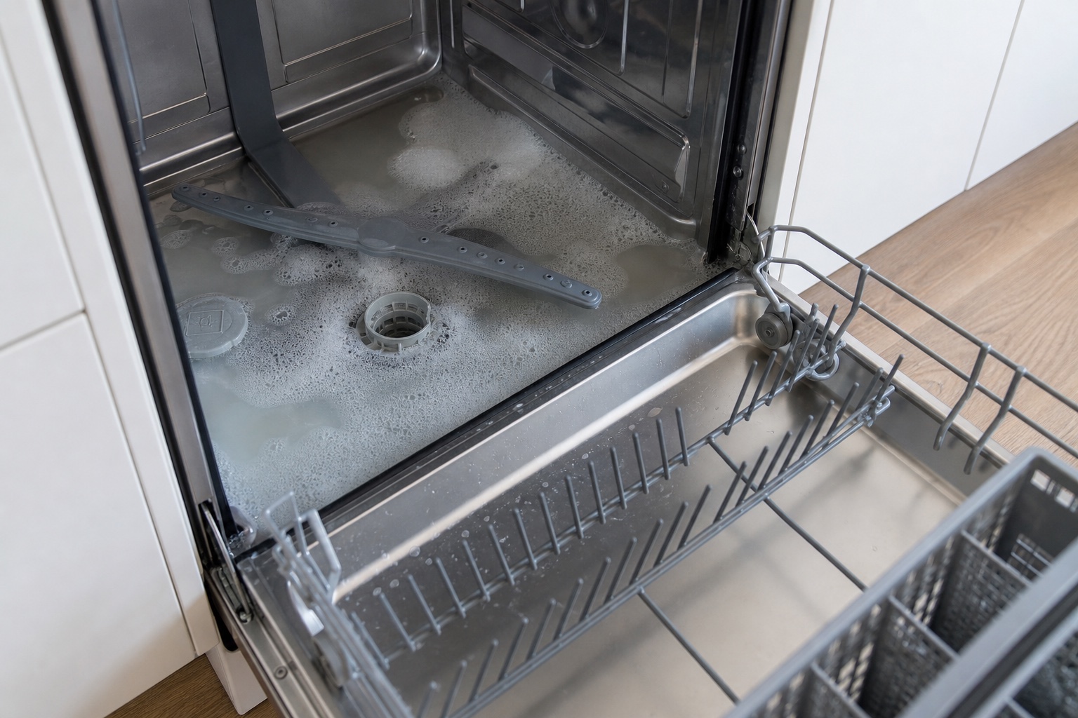 Open dishwasher with cloudy standing water and excess suds around the filter area