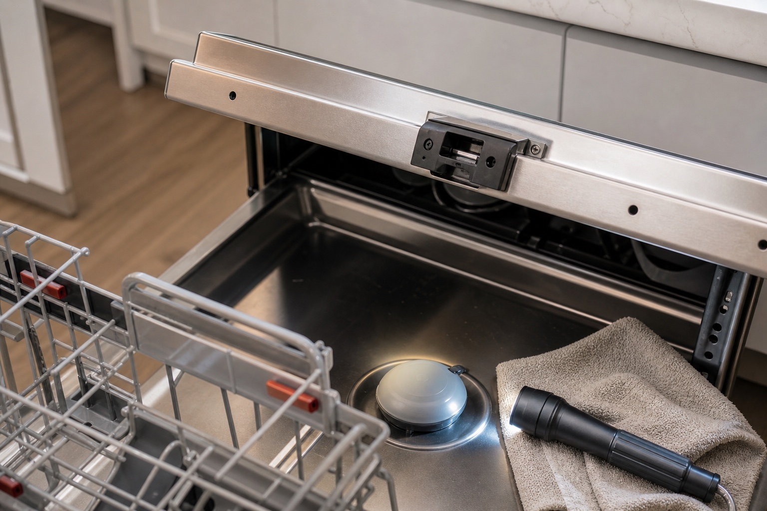 Dishwasher door latch and float switch diagnostic areas with a flashlight nearby