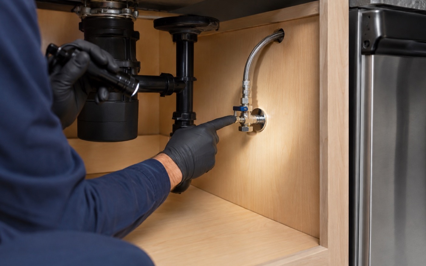 Accessible dishwasher water-supply valve checked under a kitchen sink