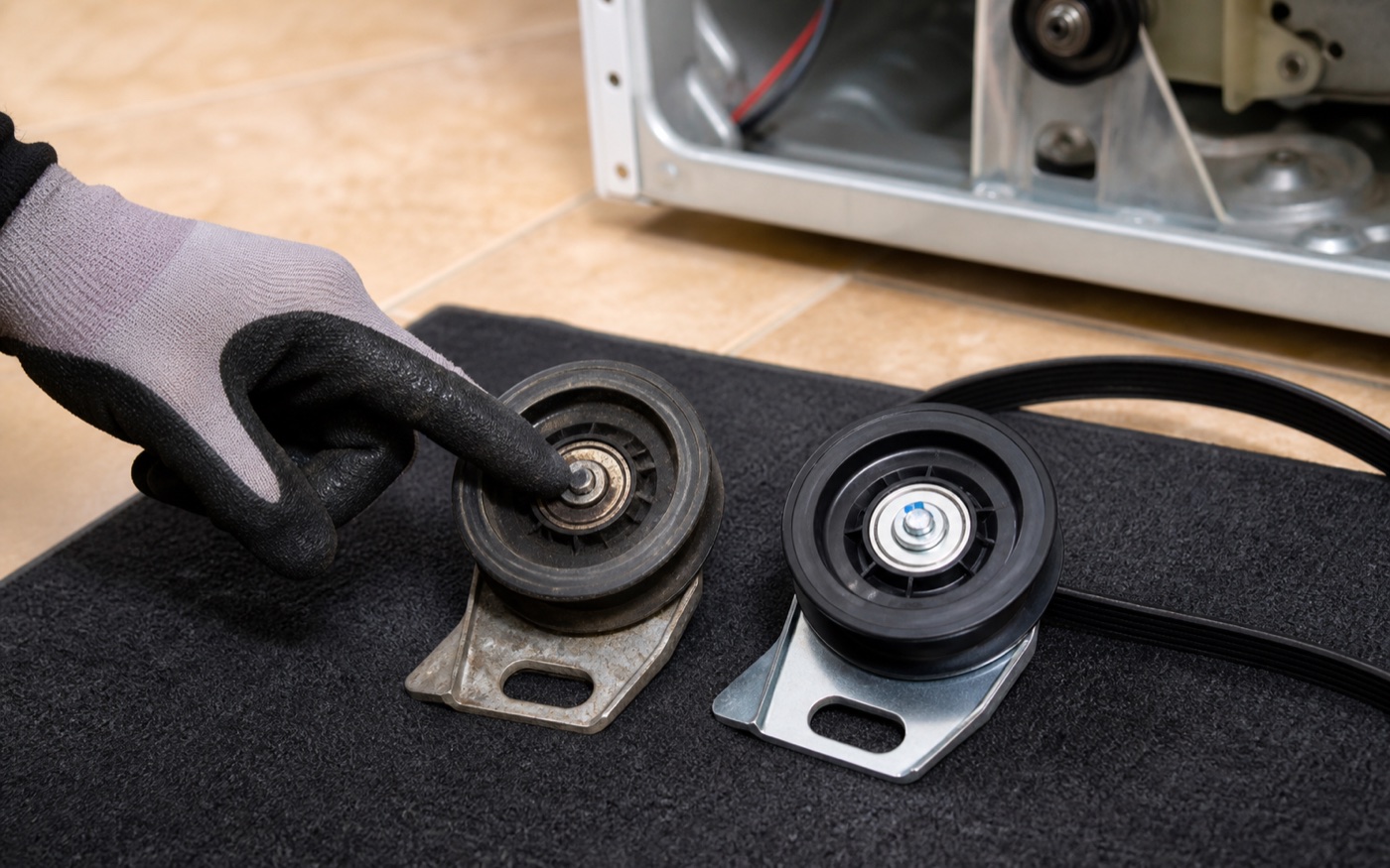 Old dryer idler pulley beside a replacement pulley during repair