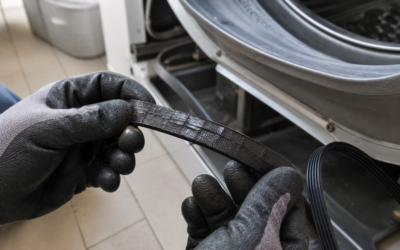 Cracked glazed dryer belt inspected near an open dryer cabinet