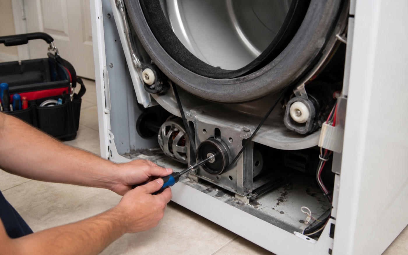 Open dryer cabinet during belt roller and pulley repair