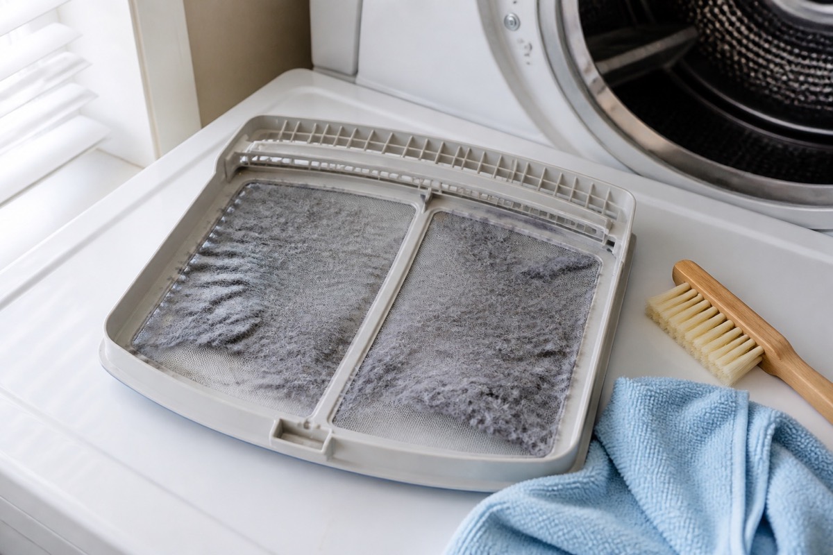 Clogged dryer lint screen reducing airflow