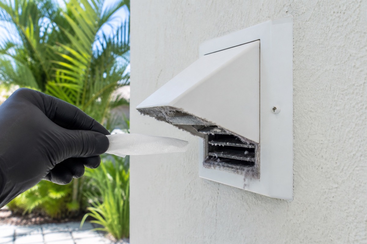 Exterior dryer vent hood with weak airflow and lint buildup