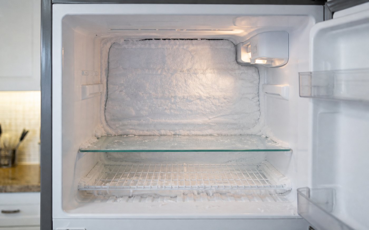 Heavy frost covering the rear wall inside a freezer compartment