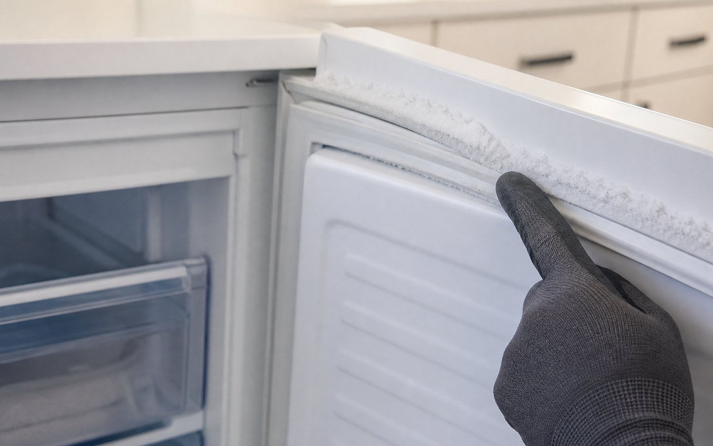 Frost concentrated around a freezer door gasket during inspection