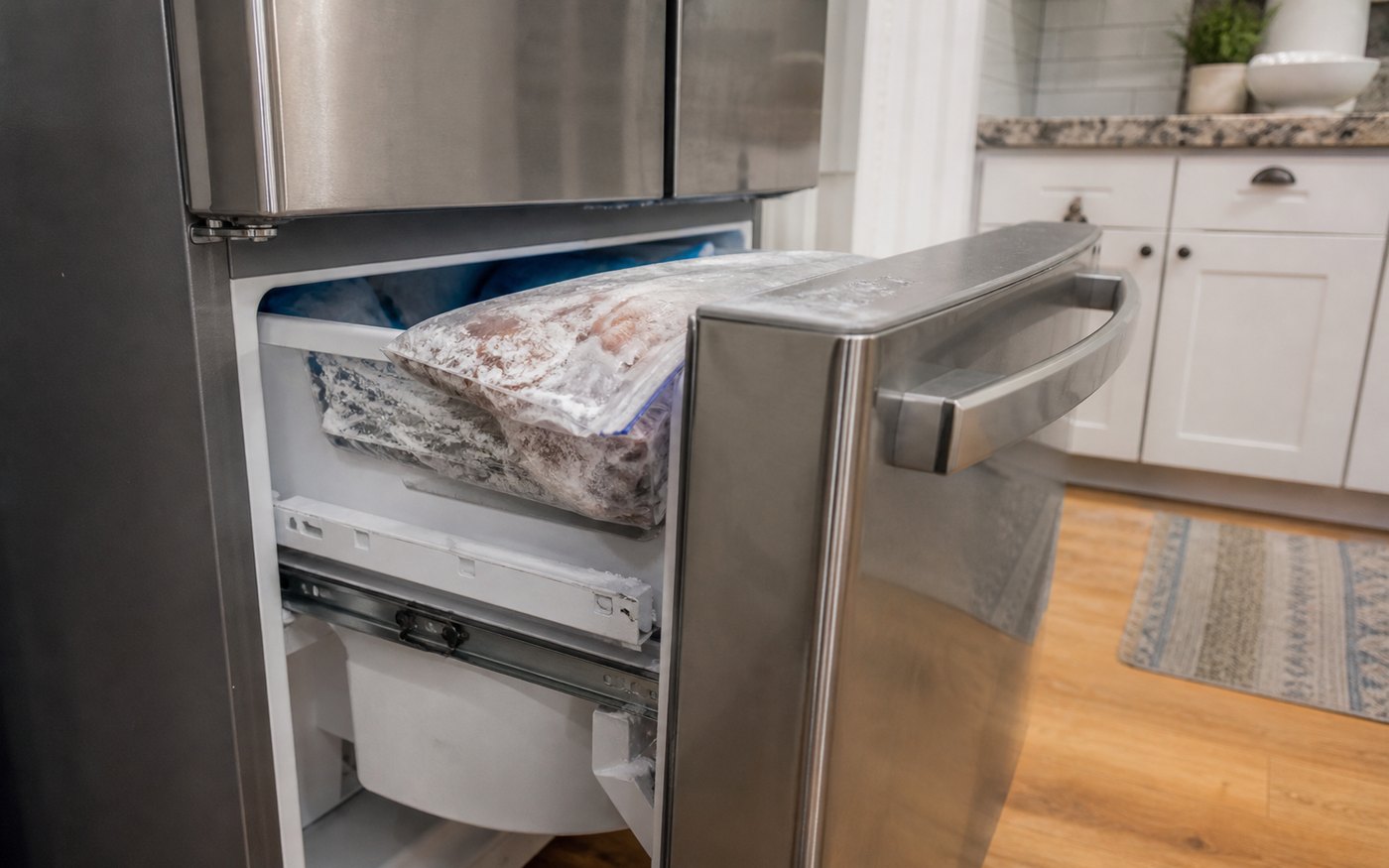 Frozen food package preventing a freezer drawer from closing fully