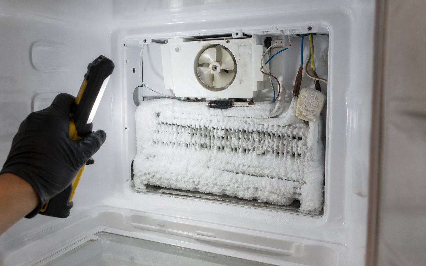 Frost-covered evaporator area exposed during freezer diagnosis