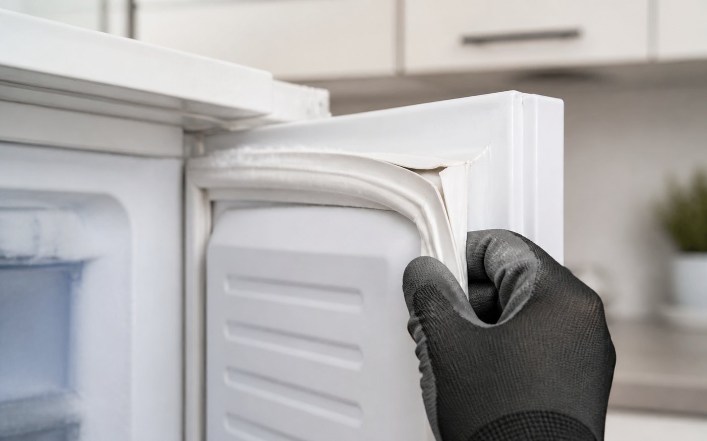 Folded freezer door gasket inspected during repair