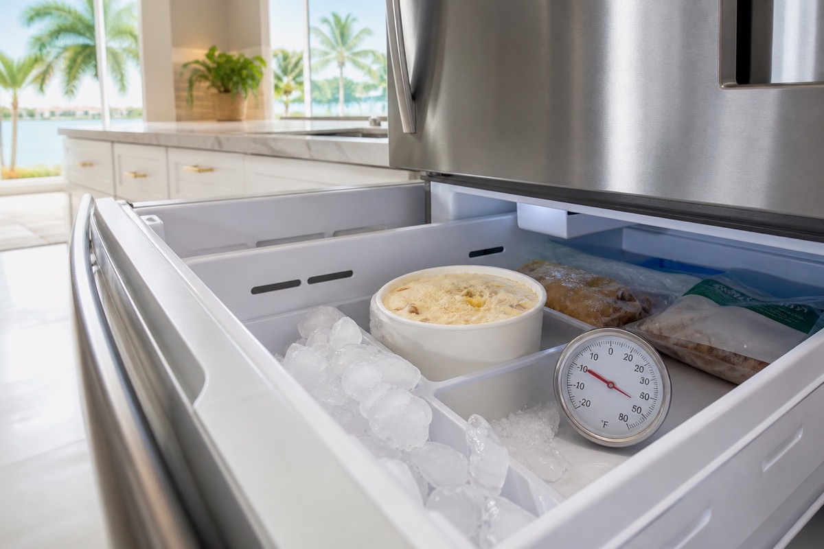 Open freezer drawer with soft ice cream, clumped ice, and a thermometer showing a warm freezer temperature