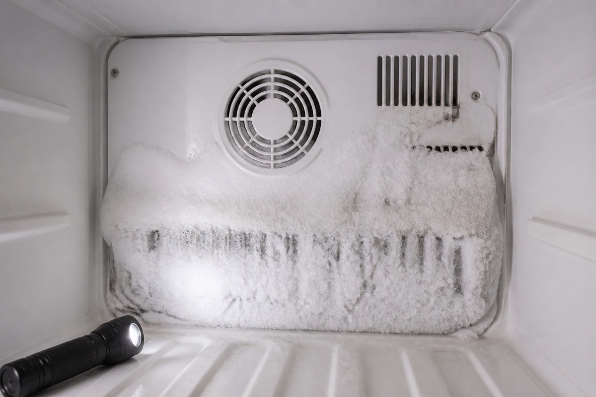 Frost-covered freezer rear panel near the evaporator fan and air vents