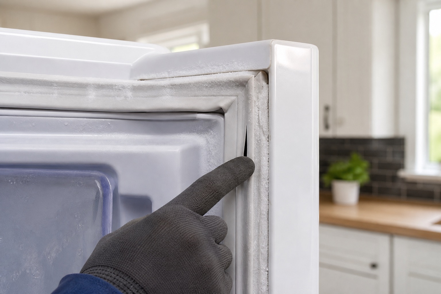 Gloved hand pointing to a freezer door gasket gap with light frost around the seal